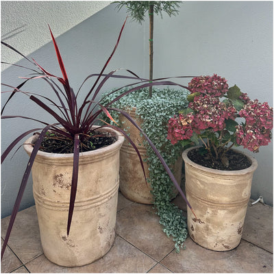 Set Of 2 Tall Round Planters with Bands – Antique Choc (Med/Lge)